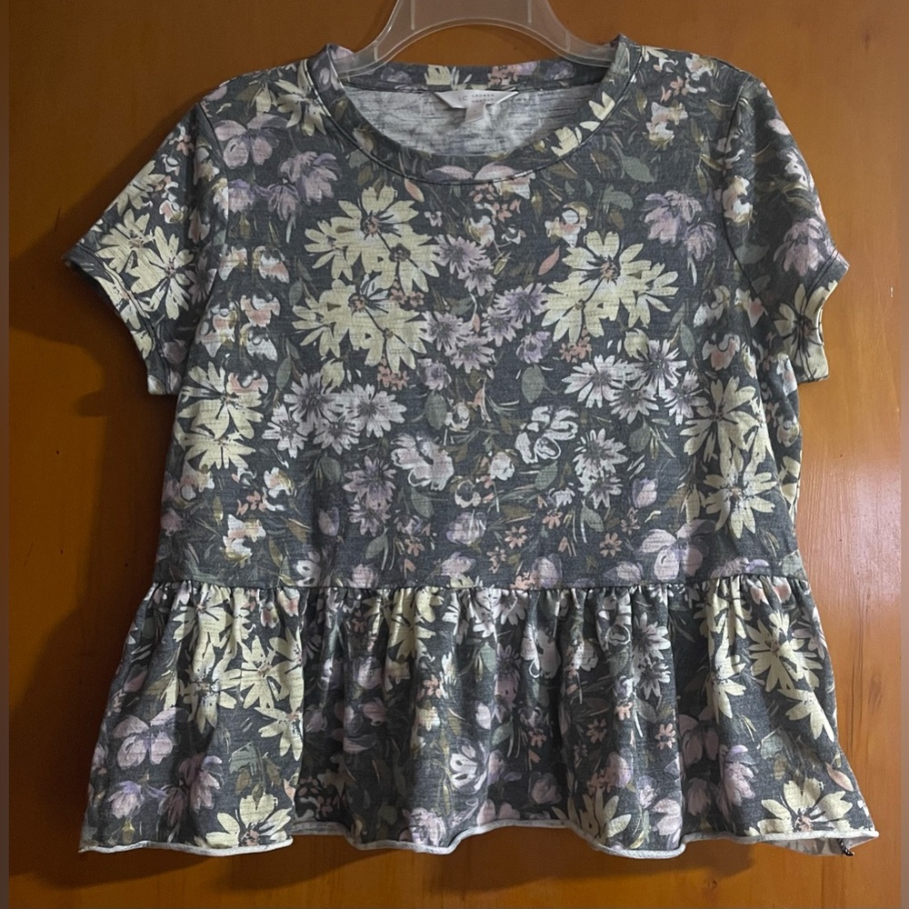 LC Lauren Conrad Floral Peplum Blouse - Gray and Cream